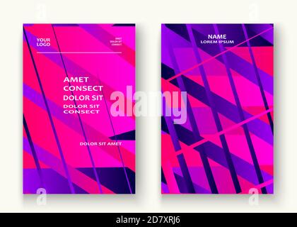 Minimal cover set design vector illustration. Neon halftone pink blue gradient. Abstract retro 80s style texture geometric pattern lines. Striped mini Stock Vector