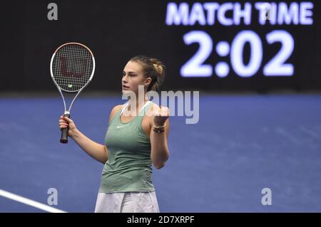 Ostrava, Czech Republic. 23rd Oct, 2020. ***CTK POOL***Aryna Sabalenka of Belarus won against Sara Sorribes of Spain during the J&T Banka Ostrava Open 2020 tennis tournament match in Ostrava, Czech Republic, October 23, 2020. Credit: Jaroslav Ozana/CTK Photo/Alamy Live News Stock Photo