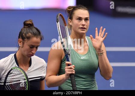 Ostrava, Czech Republic. 23rd Oct, 2020. ***CTK POOL***Aryna Sabalenka of Belarus, right, won against Sara Sorribes of Spain during the J&T Banka Ostrava Open 2020 tennis tournament match in Ostrava, Czech Republic, October 23, 2020. Credit: Jaroslav Ozana/CTK Photo/Alamy Live News Stock Photo