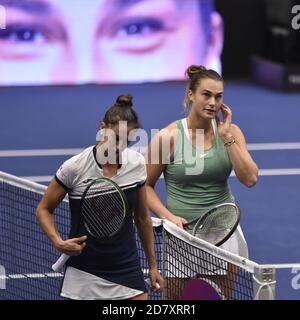 Ostrava, Czech Republic. 23rd Oct, 2020. ***CTK POOL***Aryna Sabalenka of Belarus, right, won against Sara Sorribes of Spain during the J&T Banka Ostrava Open 2020 tennis tournament match in Ostrava, Czech Republic, October 23, 2020. Credit: Jaroslav Ozana/CTK Photo/Alamy Live News Stock Photo