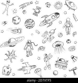 Collection of sketchy space objects. Space ships, rockets, planets, flying saucers, astronauts, stars, comets, satellites, ufo etc. Hand drawn doodles Stock Vector