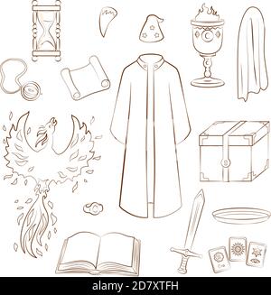 Set to play a wizard. Things magician: mantle, sword, cup, ring, chest, fang, Phoenix, hourglass, mantle of invisibility, cards. Stock Vector