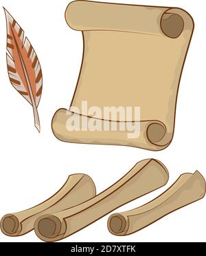 Icons scrolls and feather. Scrolls in cartoon style. Stock Vector
