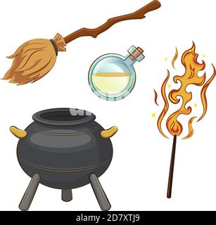 Set to play a witch. Things magician: broom, boiler, hat, magic wand. Magic things in cartoon style. Stock Vector