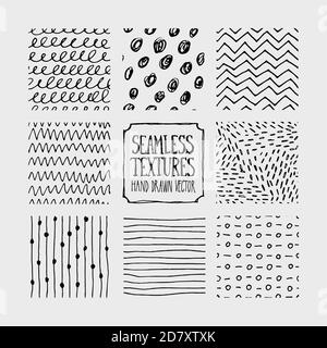 Set of hand drawn marker seamless patterns. Endless backgrounds of simple scratchy vector textures with lines, dots and doodles. Stock Vector