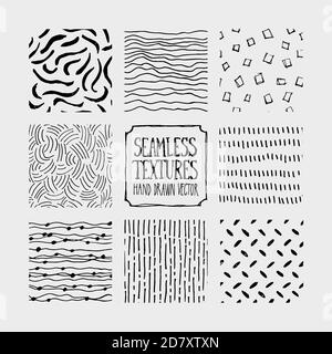 Set of hand drawn marker seamless patterns. Endless backgrounds of simple scratchy vector textures with lines, dots and doodles. Stock Vector