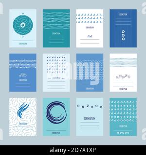 Set of blue hand drawn cards collection with hand drawn patterns. Vector templates for cards, flyers and banners. Stock Vector