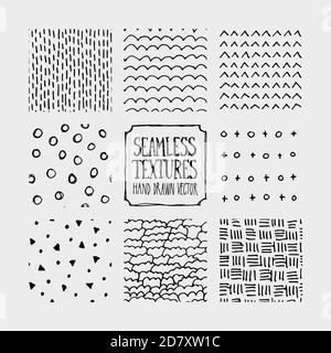 Set of hand drawn marker seamless patterns. Endless backgrounds of simple scratchy vector textures with lines, dots and doodles. Stock Vector