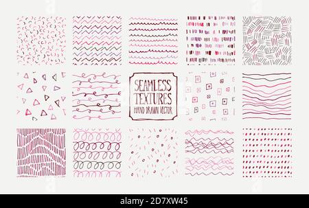 Set of hand drawn pink and red seamless patterns. Endless backgrounds of simple scratchy vector textures with lines, dots and doodles. Stock Vector