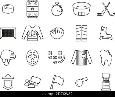 Hockey Sport & Equipment Icons Black & White Thin Line Set Big Stock Vector