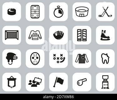 Hockey Sport & Equipment Icons Black & White Flat Design Set Big Stock Vector