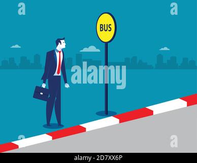 Businessman at the bus stop. Concept business illustration. Vector transportation. Stock Vector