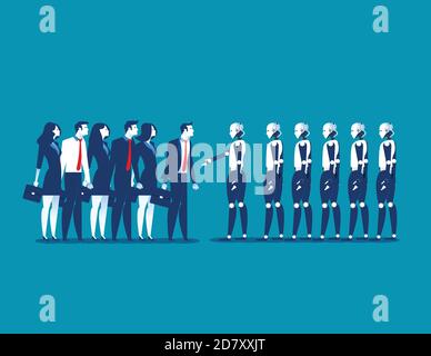 Human vs robot,Businesspeople standing with robot. Concept business automation future illustration. Vector cartoon character and abstract. Stock Vector