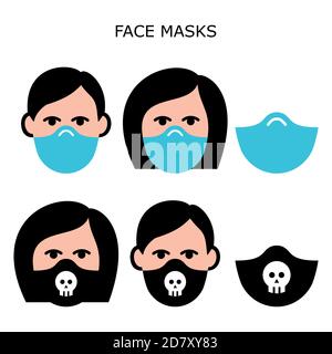 Man and woman wearing safety face masks vector icons set - masks worn during self-distancing to prevent disease, virus, air pollution, contaminated ai Stock Vector