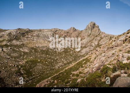 Deep mountain valley surrounded by peaky rock mountains under a clear blue sky Stock Photo