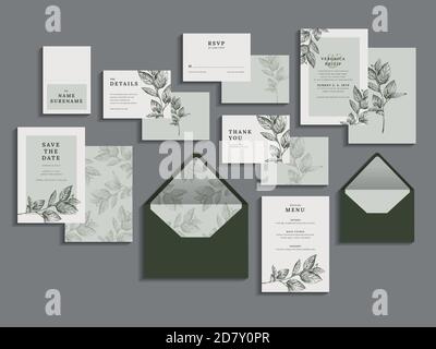 Big set of wedding invitation card. RSVP, Thank you, save the date and menu card. Elegant modern design. Vector illustrations. Stock Vector