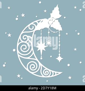 Moon, stars made of paper for window decoration and decor. Icon. Template to Laser cutting and plotter. Die cut pattern for decorative panel.. Stock Vector