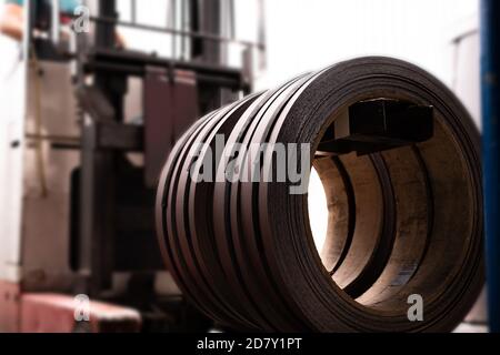 Worker at factory measures works metal production industrial Stock Photo