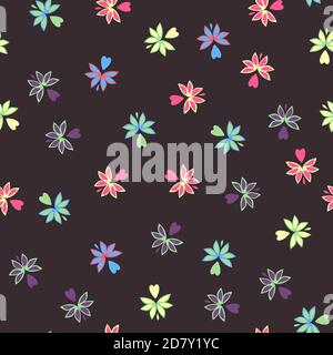 Baby floral patterns. Seamless floral pattern on a dark background. Hearts and leaves of different colors. Decor elements. Stock Vector