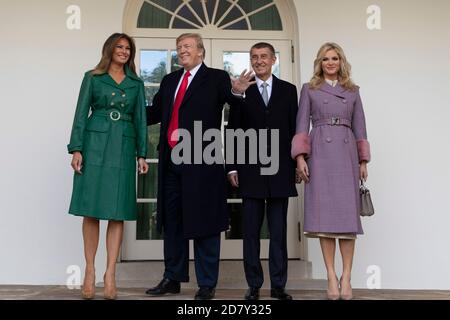 U.S. President Donald Trump and First Lady Melania Trump pose for a photo with the Prime Minister of the Czech Republic Andrej Babiš and his wife Monika Babišová as they arrive at the White House in Washington, D.C. on March 7, 2019. Credit: Alex Edelman/The Photo Access