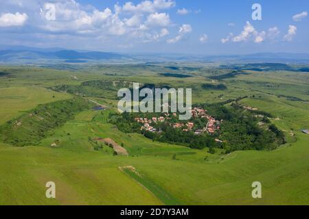 Flying over a village in Transylvania. Aerial drone view of Bica, Romania by drone Stock Photo