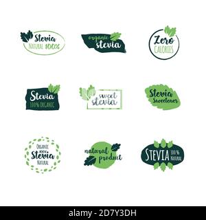 Vector set of design elements, logo design template, icons and badges with sweetener stevia. Labels vector set. Stock Vector