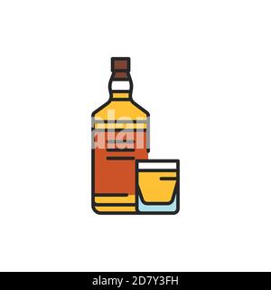 Whiskey bottle and glass color line icon. Alcoholic beverages. Stock Vector