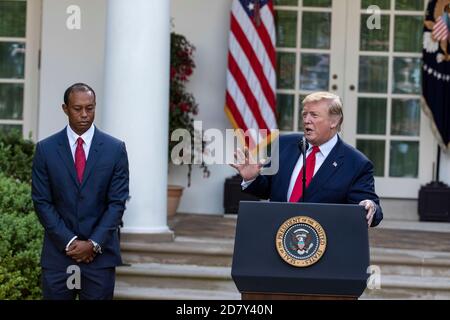 U.S. President Donald Trump delivers remarks before presenting the Presidential Medal of Freedom to Golfer Tiger Woods in the Rose Garden of the White House in Washington, D.C. on Monday, May 6, 2019. The Presidential Medal of Freedom is the highest honor a U.S. President can bestow on a civilian. Credit: Alex Edelman/The Photo Access Stock Photo