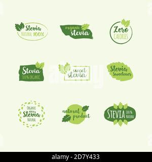 Vector set of design elements, logo design template, icons and badges with sweetener stevia. Labels vector set. Stock Vector