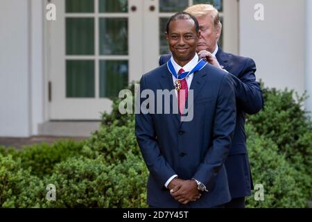 U.S. President Donald Trump presents the Presidential Medal of Freedom to Golfer Tiger Woods in the Rose Garden of the White House in Washington, D.C. on Monday, May 6, 2019. The Presidential Medal of Freedom is the highest honor a U.S. President can bestow on a civilian. Woods is the fourth golfer to receive the award. Credit: Alex Edelman/The Photo Access Stock Photo