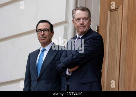 U.S. Treasury Secretary Steven Mnuchin, left, and U.S. Trade Representative Robert Lighthizer wait for Chinese Vice Premier Liu He to arrive prior to trade negotiations at the U.S. Trade Representative offices in Washington, D.C. on Friday May 10, 2019. Credit: Alex Edelman/The Photo Access Stock Photo