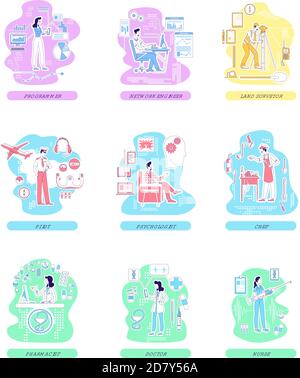 Medical and IT, service and industrial professions thin line concept vector illustrations set Stock Vector