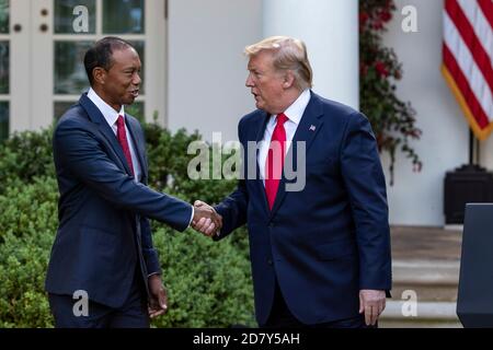 U.S. President Donald Trump shakes hands with Golfer Tiger Woods before presenting Woods with the Presidential Medal of Freedom in the Rose Garden of the White House in Washington, D.C. on Monday, May 6, 2019. The Presidential Medal of Freedom is the highest honor a U.S. President can bestow on a civilian. Credit: Alex Edelman/The Photo Access Stock Photo