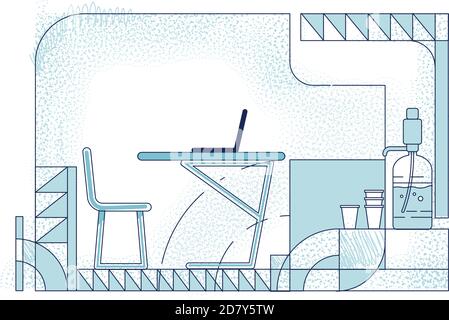 Modern workplace interior design outline vector illustration Stock Vector