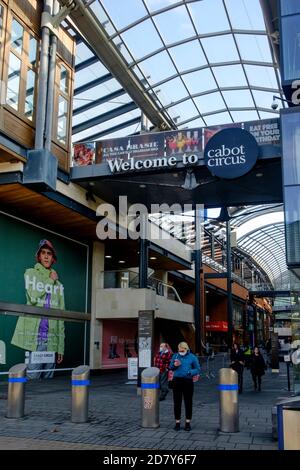 Shopfronts in Bristol city Centre. The entrace to the Cabot circus shopping destination. Stock Photo