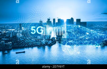 London UK concept of future technology 5G network wireless systems and internet Stock Photo