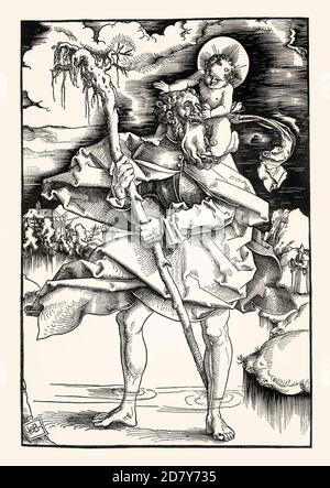 St. Christopher Carrying the Christ Child, by Hans Baldung Grien, facsimile of the 19th century Stock Photo