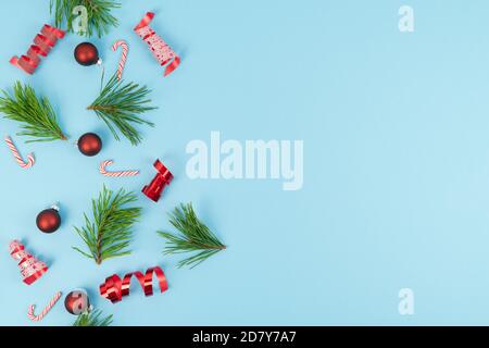 Various Christmas decorations on a blue background. Copy space. Stock Photo