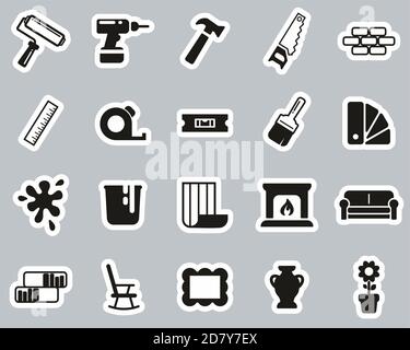 Home Decorating & Home Remodeling Icons Black & White Sticker Set Big Stock Vector