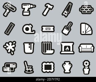 Home Decorating & Home Remodeling Icons White On Black Sticker Set Big Stock Vector
