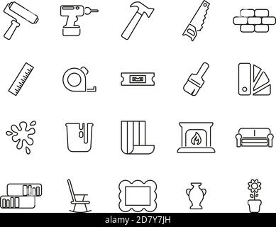 Home Decorating & Home Remodeling Icons Black & White Thin Line Set Big Stock Vector