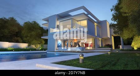 3D rendering of an upscale modern  mansion with pool Stock Photo