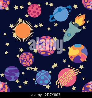 Seamless space pattern. Planets, rockets and stars. Cartoon spaceship icons. Kid's elements for scrap-booking. Stock Vector