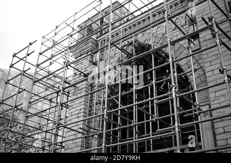 Metal reticular support structure to avoid the seismic collapse of a medieval abbey (Marche, Italy, Europe) Stock Photo