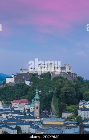 Austria, Salzburg, View of Hohensalzburg Castle above The Old City Stock Photo