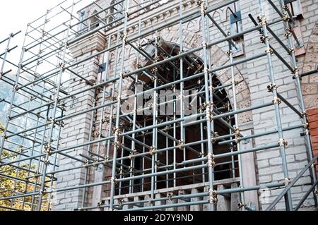 Metal reticular support structure to avoid the seismic collapse of a medieval abbey (Marche, Italy, Europe) Stock Photo