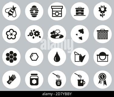 Honey Making & Bee Keeping Equipment Icons Black & White Flat Design Circle Set Big Stock Vector