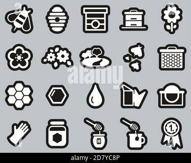 Honey Making & Bee Keeping Equipment Icons White On White Sticker Set Big Stock Vector