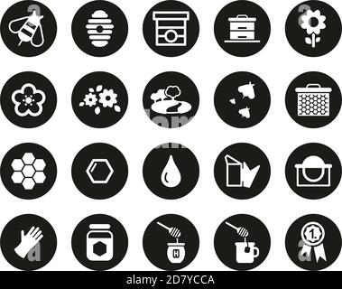 Honey Making & Bee Keeping Equipment Icons White On Black Flat Design Circle Set Big Stock Vector