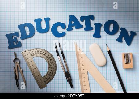 Various tools for sketching on paper, top view. Concept education Stock Photo